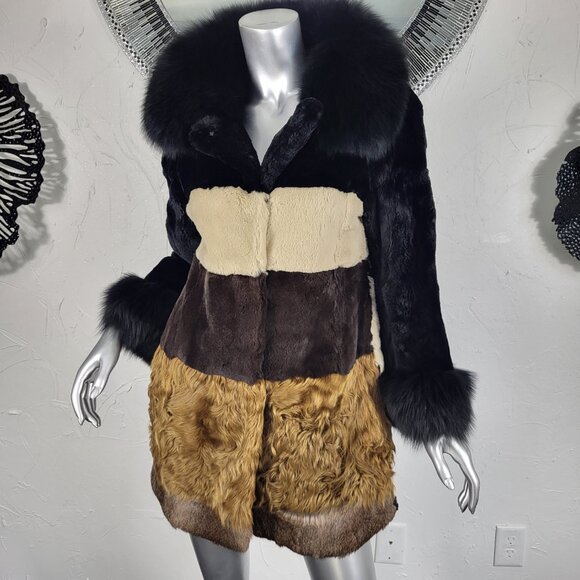 DIAGRAM~XS~BLACK ANIMAL PRINT GENUINE FOX FUR REAL CURLY LAMB MINK RABBIT COAT - Picture 11 of 16